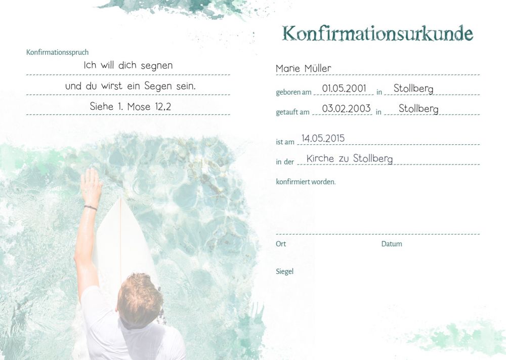 Urkunde – Konfirmation – Surfer