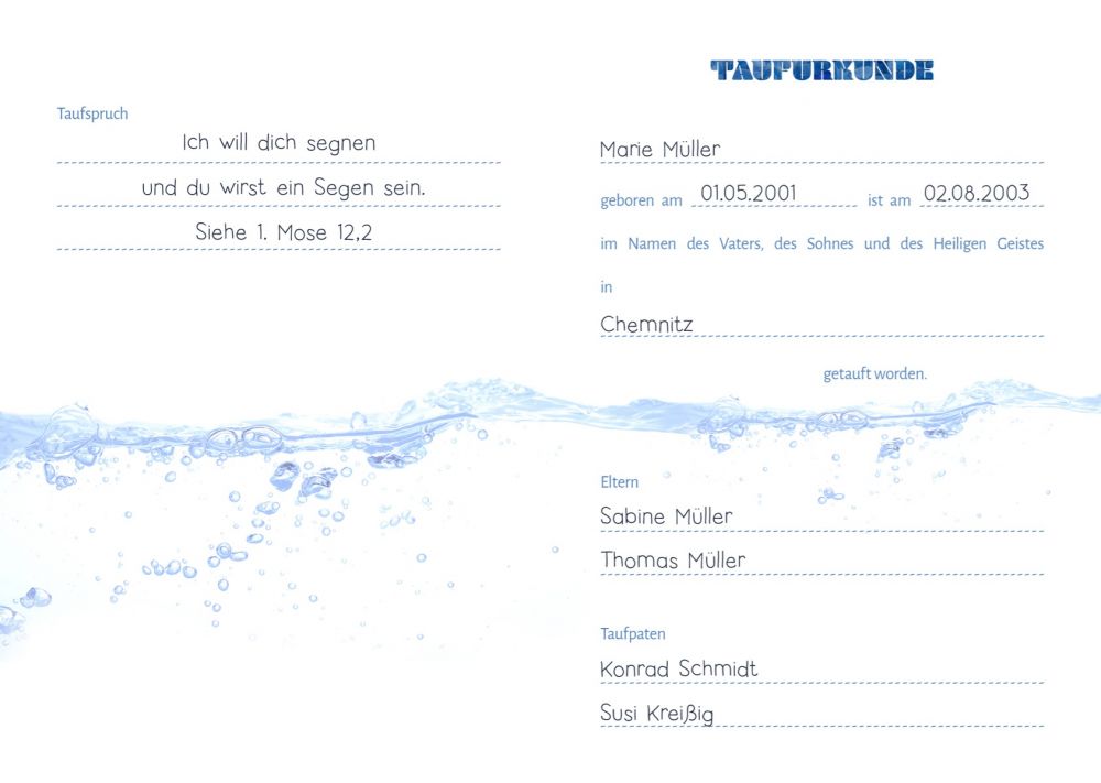 Urkunde – Taufe – Wasser